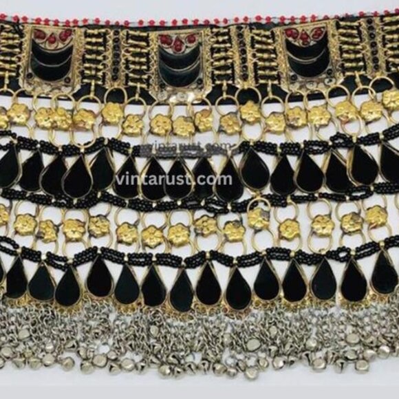 Black Kuchi Choker Afghan Necklace, Tribal Handmade Bib Style Necklace - Picture 7 of 10